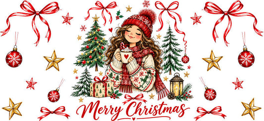 Merry Christmas girl bows UV DTF cup wrap for 16oz Libbey glass