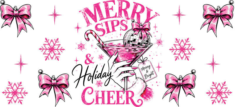 Merry sips holiday cheer pink UV DTF cup wrap for 16oz Libbey glass