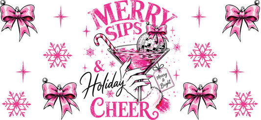 Merry sips holiday cheer pink UV DTF cup wrap for 16oz Libbey glass