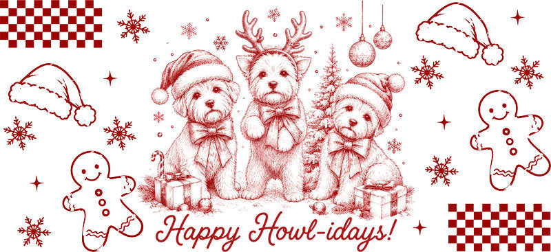 Happy Howlidays Christmas dogs UV DTF cup wrap for 16oz Libbey glass