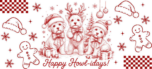 Happy Howlidays Christmas dogs UV DTF cup wrap for 16oz Libbey glass
