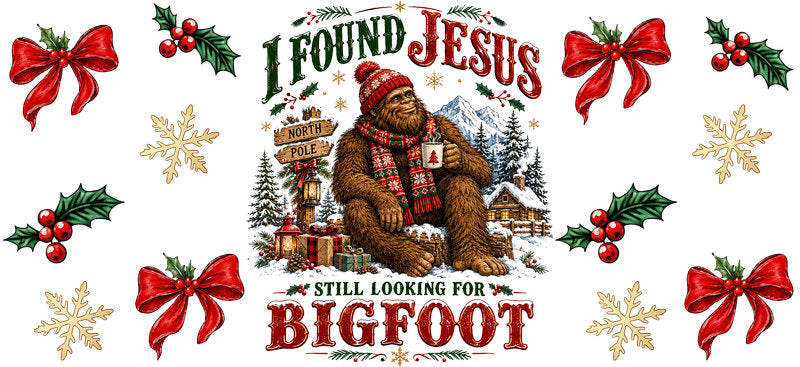Jesus Bigfoot Christmas UV DTF cup wrap for 16oz Libbey glass