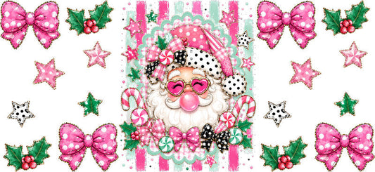 Pink Santa Christmas bows UV DTF cup wrap for 16oz Libbey glass