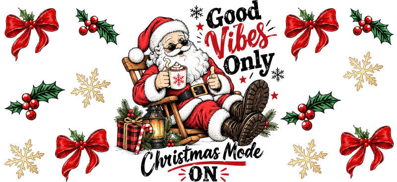 Good vibes Christmas Santa UV DTF cup wrap for 16oz Libbey glass