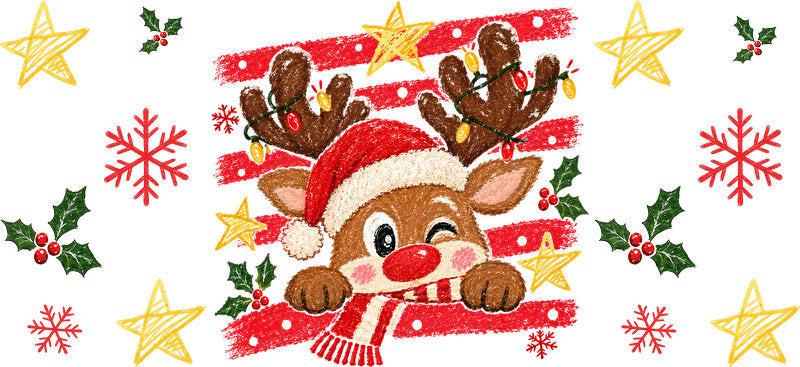 Cute reindeer Christmas UV DTF cup wrap for 16oz Libbey glass