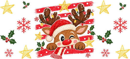 Cute reindeer Christmas UV DTF cup wrap for 16oz Libbey glass