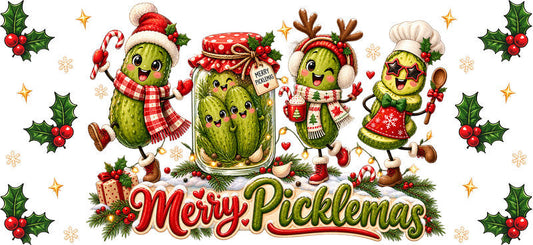 Merry Picklemas funny Christmas UV DTF cup wrap for 16oz Libbey glass