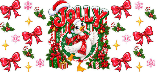 Jolly Christmas bird bows UV DTF cup wrap for 16oz Libbey glass