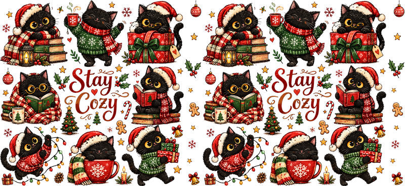 Stay cozy Christmas cats pattern UV DTF cup wrap for 16oz Libbey glass