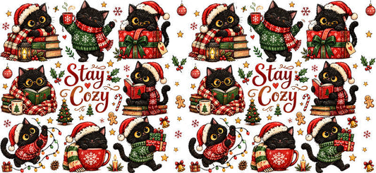 Stay cozy Christmas cats pattern UV DTF cup wrap for 16oz Libbey glass