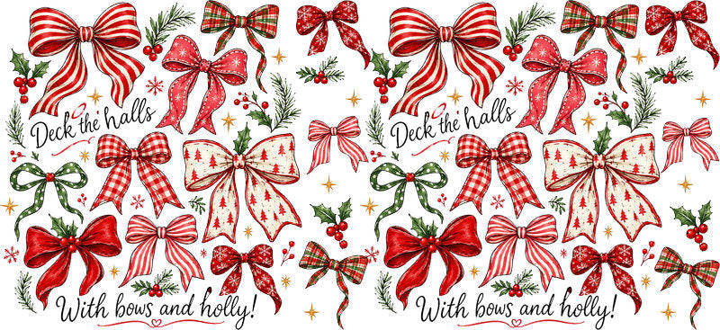 Christmas bows and holly pattern UV DTF cup wrap for 16oz Libbey glass