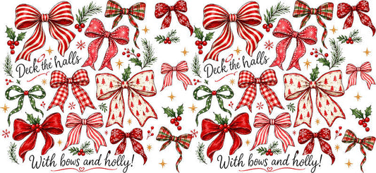 Christmas bows and holly pattern UV DTF cup wrap for 16oz Libbey glass