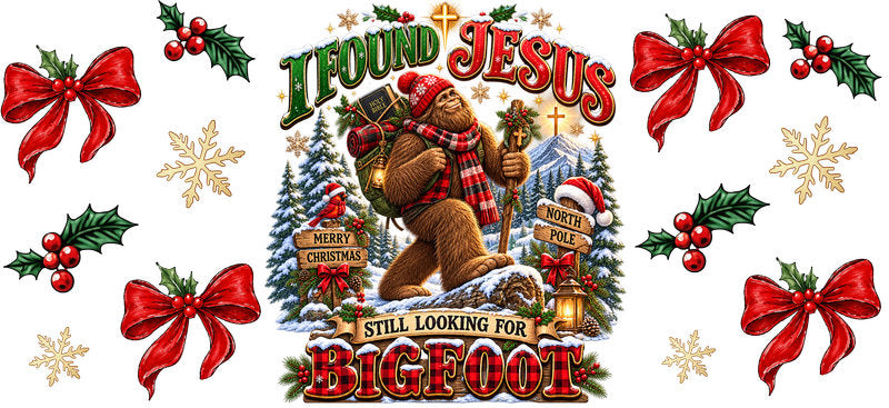 Jesus Bigfoot Christmas UV DTF cup wrap for 16oz Libbey glass