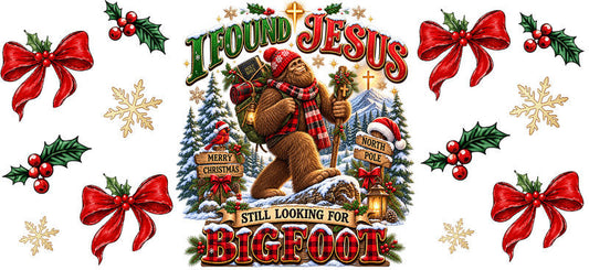 Jesus Bigfoot Christmas UV DTF cup wrap for 16oz Libbey glass