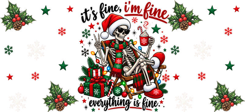 Everything is fine funny Christmas UV DTF cup wrap for 16oz Libbey glass