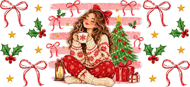 Cozy Christmas girl bows UV DTF cup wrap for 16oz Libbey glass