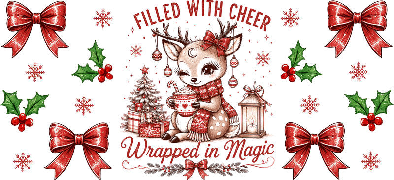 Cute deer Christmas bows UV DTF cup wrap for 16oz Libbey glass