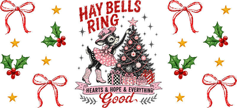 Hay bells ring Christmas UV DTF cup wrap for 16oz Libbey glass