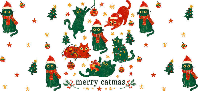 Merry Catmas Christmas cats pattern UV DTF cup wrap for 16oz Libbey glass