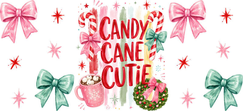 Candy cane cutie pink Christmas UV DTF cup wrap for 16oz Libbey glass