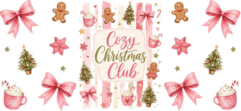 Cozy Christmas club pink UV DTF cup wrap for 16oz Libbey glass