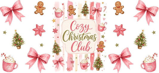 Cozy Christmas club pink UV DTF cup wrap for 16oz Libbey glass
