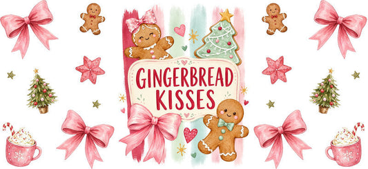 Gingerbread kisses pink Christmas UV DTF cup wrap for 16oz Libbey glass