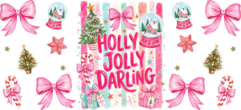 Holly Jolly Darling pink Christmas UV DTF cup wrap for 16oz Libbey glass