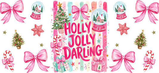 Holly Jolly Darling pink Christmas UV DTF cup wrap for 16oz Libbey glass