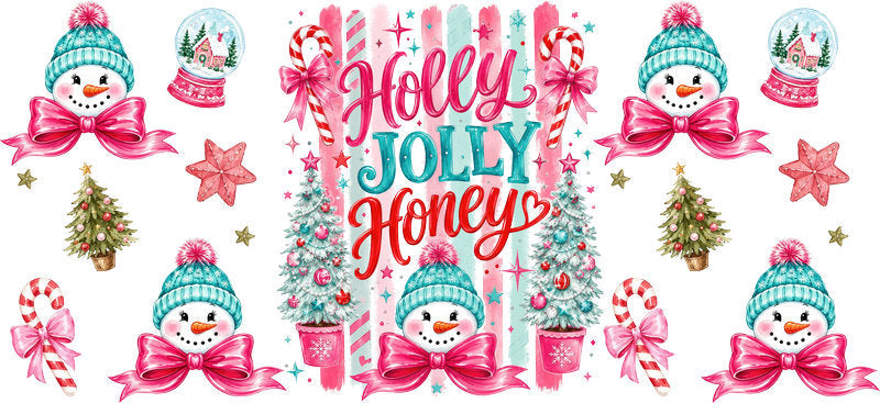 Holly Jolly Honey snowman Christmas UV DTF cup wrap for 16oz Libbey glass