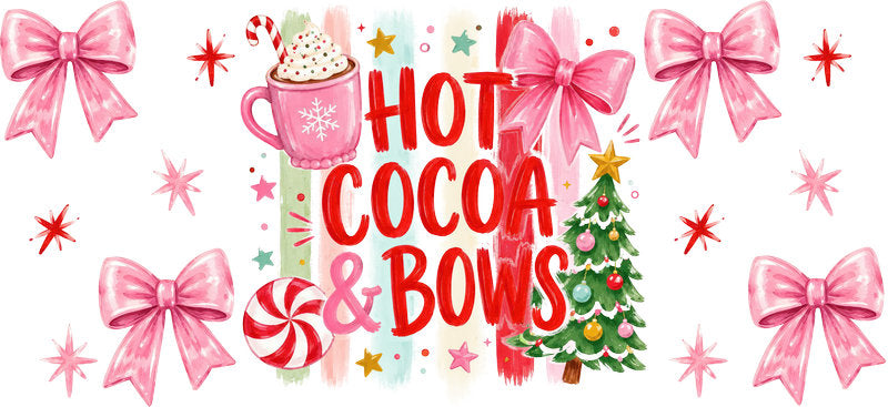 Hot cocoa and bows pink Christmas UV DTF cup wrap for 16oz Libbey glass