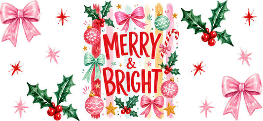 Merry and bright pink Christmas UV DTF cup wrap for 16oz Libbey glass