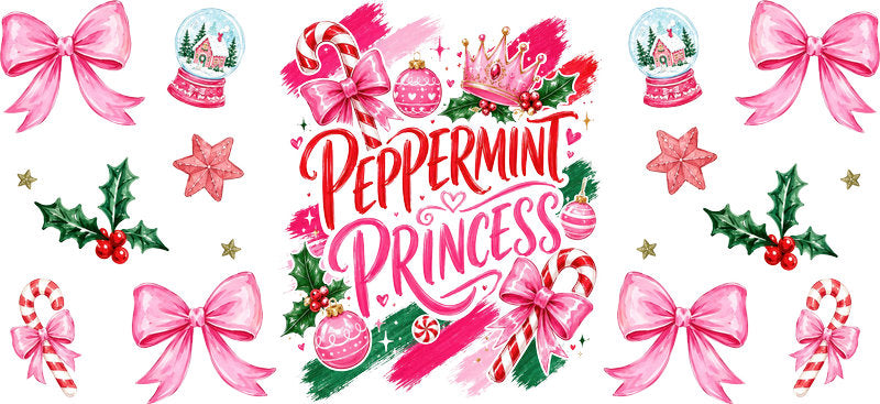 Peppermint Princess pink Christmas UV DTF cup wrap for 16oz Libbey glass