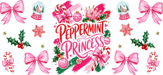 Peppermint Princess pink Christmas UV DTF cup wrap for 16oz Libbey glass