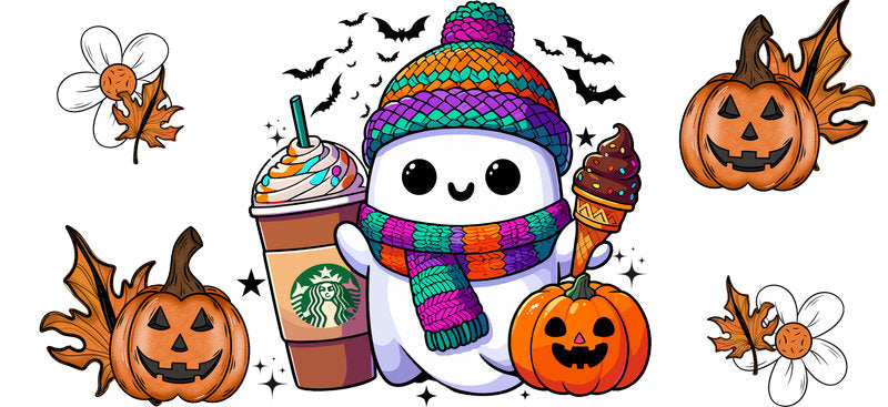 Cozy Ghost Pumpkin Halloween UV DTF Cup Wrap for 16oz Libbey Can KA-17484