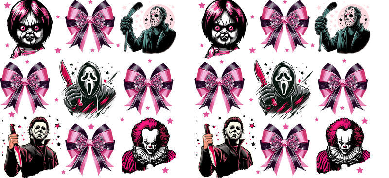 Horror Characters Pink Bows Halloween UV DTF Cup Wrap for 16oz Libbey Can KA-17497