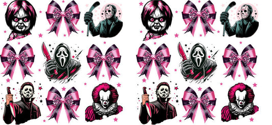 Horror Characters Pink Bows Halloween UV DTF Cup Wrap for 16oz Libbey Can KA-17497