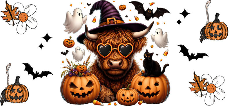 Highland Cow Witch Halloween UV DTF Cup Wrap for 16oz Libbey Can KA-17500