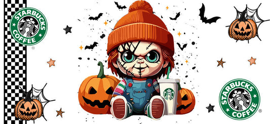 Horror Doll Coffee Halloween UV DTF Cup Wrap for 16oz Libbey Can KA-17508