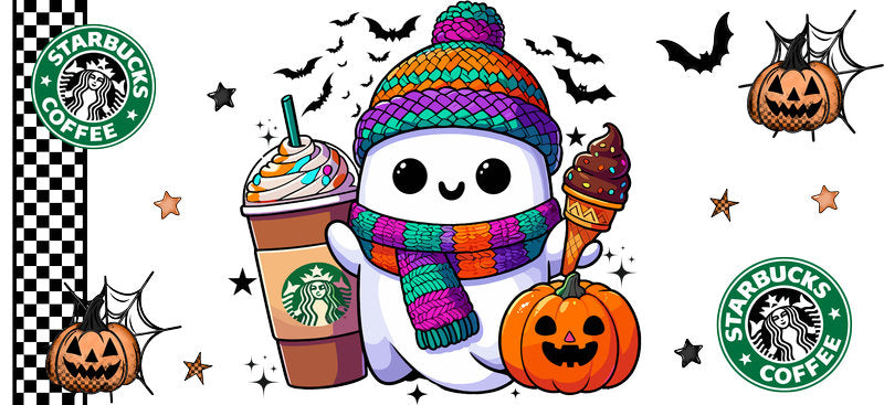 Cozy Ghost Coffee Halloween UV DTF Cup Wrap for 16oz Libbey Can KA-17509