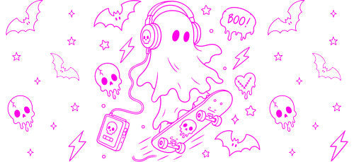 Pink Ghost Headphones Spooky UV DTF Cup Wrap for 16oz Libbey Can KA-18014