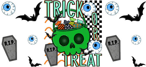 Green Skull Trick or Treat Halloween UV DTF Cup Wrap for 16oz Libbey Can KA-18089