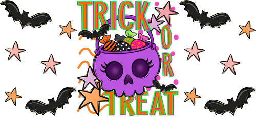 Purple Skull Trick or Treat Halloween UV DTF Cup Wrap for 16oz Libbey Can KA-18090