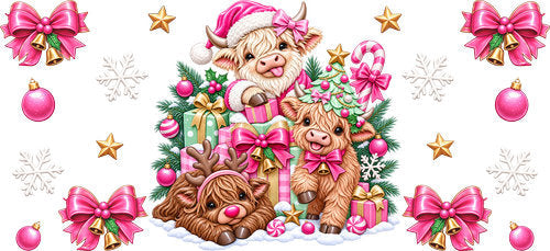 Pink Christmas Highland Cow UV DTF Cup Wrap for 16oz Libbey Can KA-18546