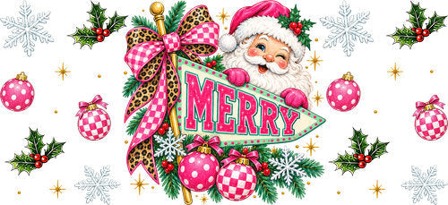 Pink Merry Christmas Santa UV DTF Cup Wrap for 16oz Libbey Can KA-18565