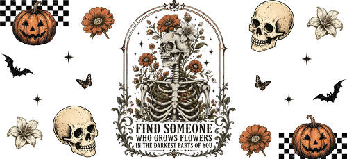 Skeleton Floral Halloween UV DTF Cup Wrap for 16oz Libbey Can KA-18734