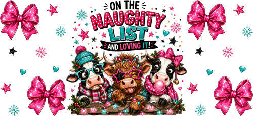 Naughty List Christmas Cows UV DTF Cup Wrap for 16oz Libbey Can KA-18795