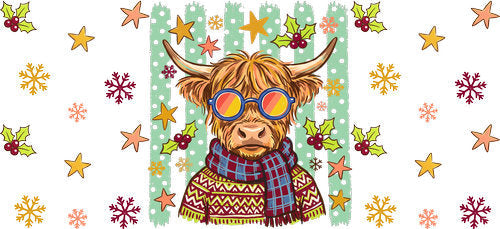 Christmas Highland Cow UV DTF Cup Wrap for 16oz Libbey Can KA-18838