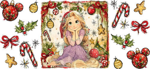Long Hair Princess Christmas UV DTF Cup Wrap for 16oz Libbey Can KA-19034