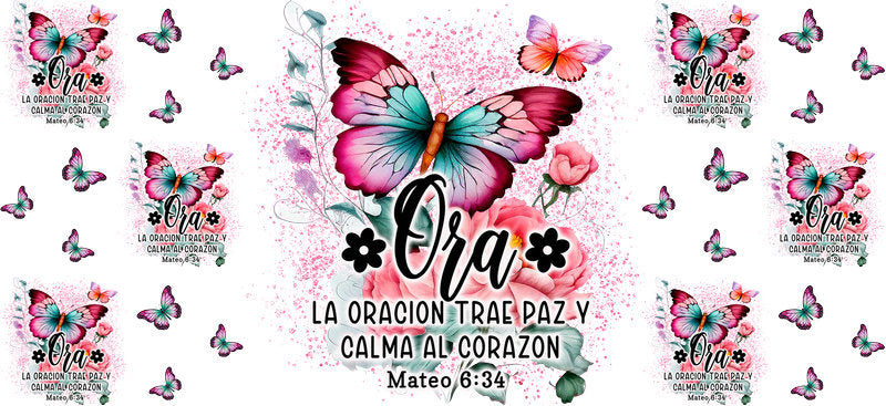 Pink butterfly prayer UV DTF can wrap sticker for tumblers KA-5961